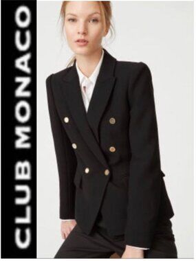 Club Monaco Jodie Blazer Black Double Breasted Gold Buttons Size 10